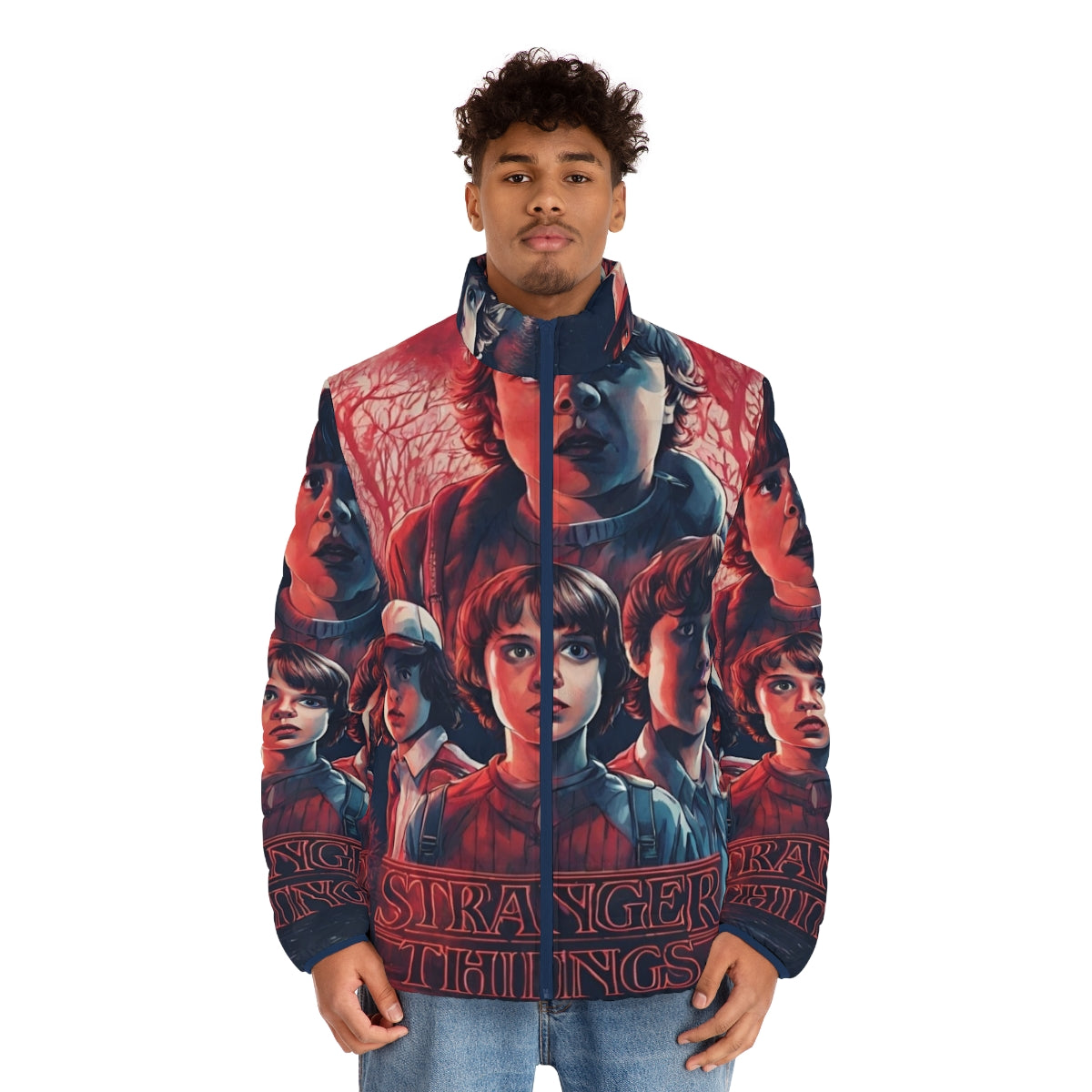 Stranger Things inspired puffer jacket featuring characters and elements from the popular sci-fi/horror series - men front