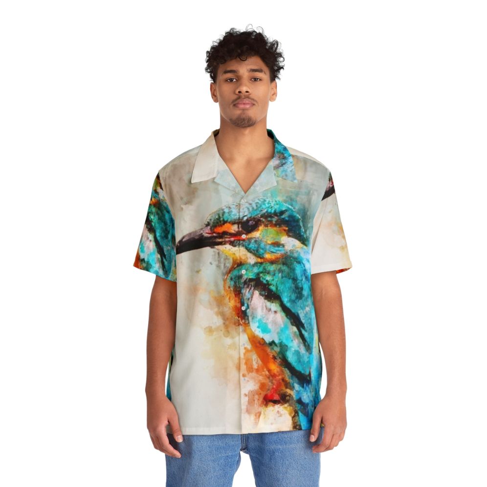 Watercolor Kingfisher Bird Print Hawaiian Shirt - People Front