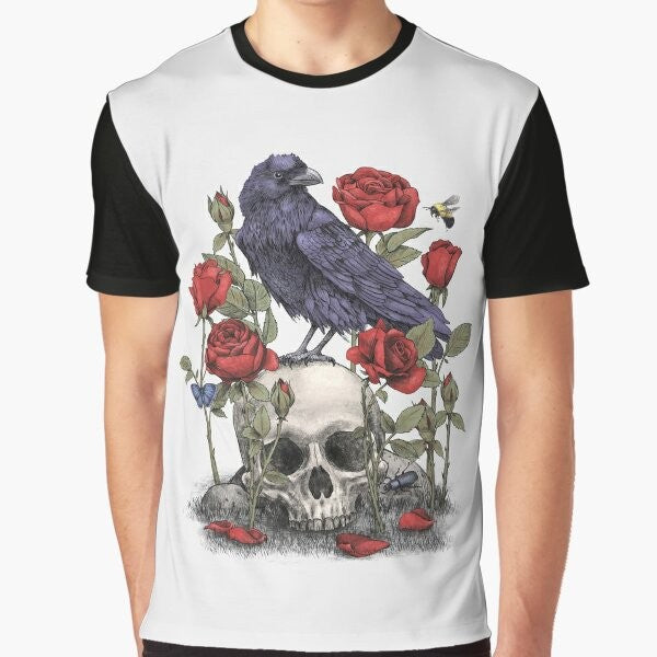 Memento mori graphic t-shirt featuring a raven, skull, and floral design by artist Terry Fan