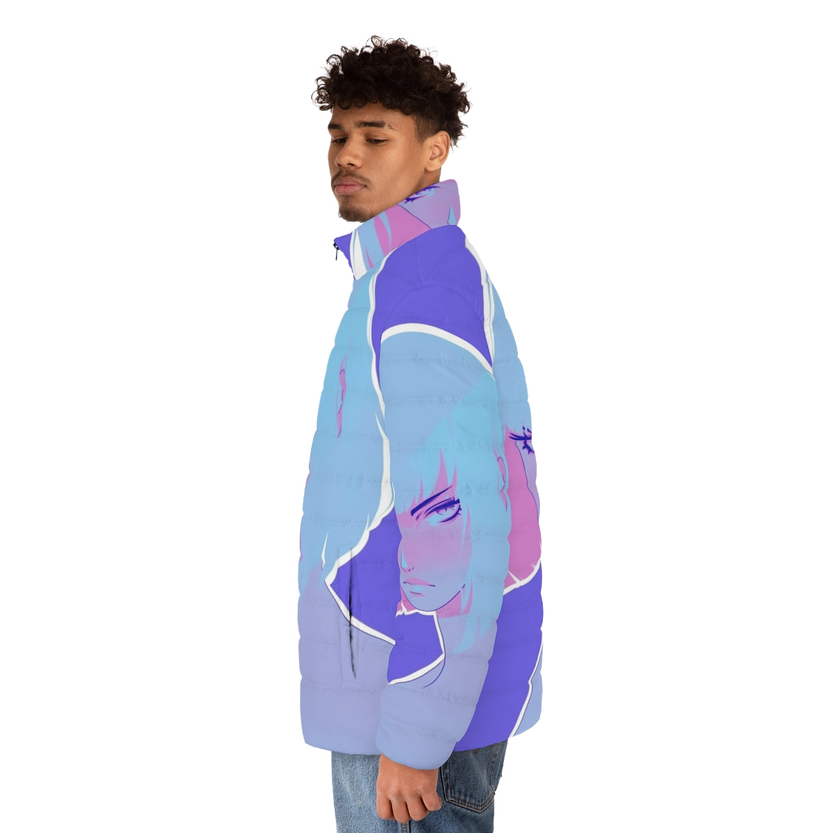 Colorful winter puffer jacket with a modern, anime-inspired design - men side left