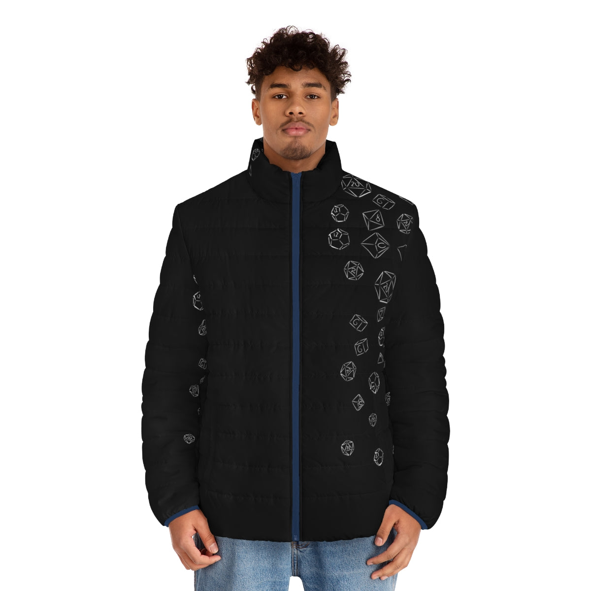 Cascading Dice Puffer Jacket with Gamer-Inspired Design - men front