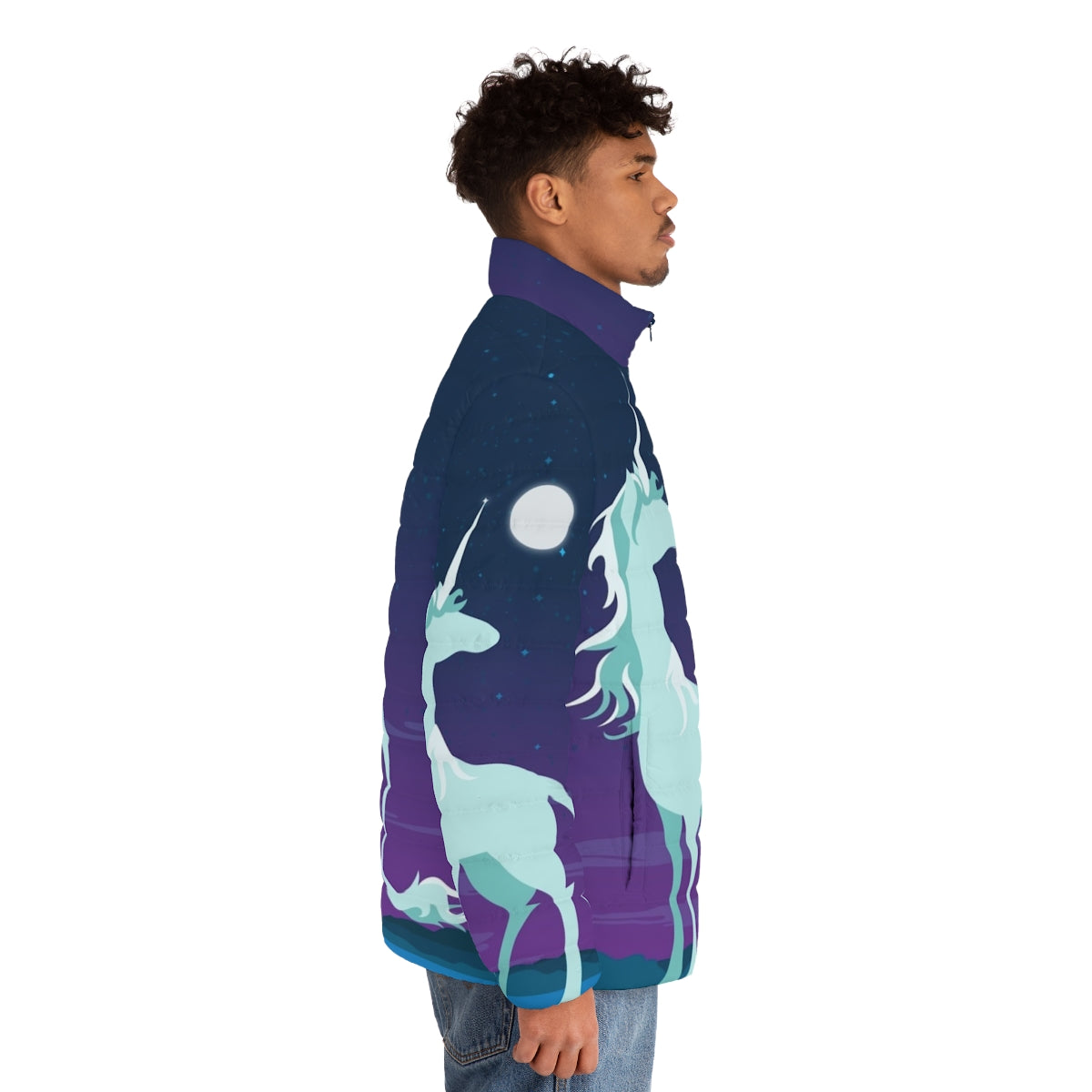 Cozy and whimsical unicorn-themed puffer jacket - men side right