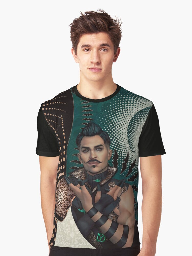 Dorian Pavus "Requiem for an Empire" graphic t-shirt, featuring a tarot-inspired design with a dragon and mage imagery from the Dragon Age: Inquisition video game. - Men