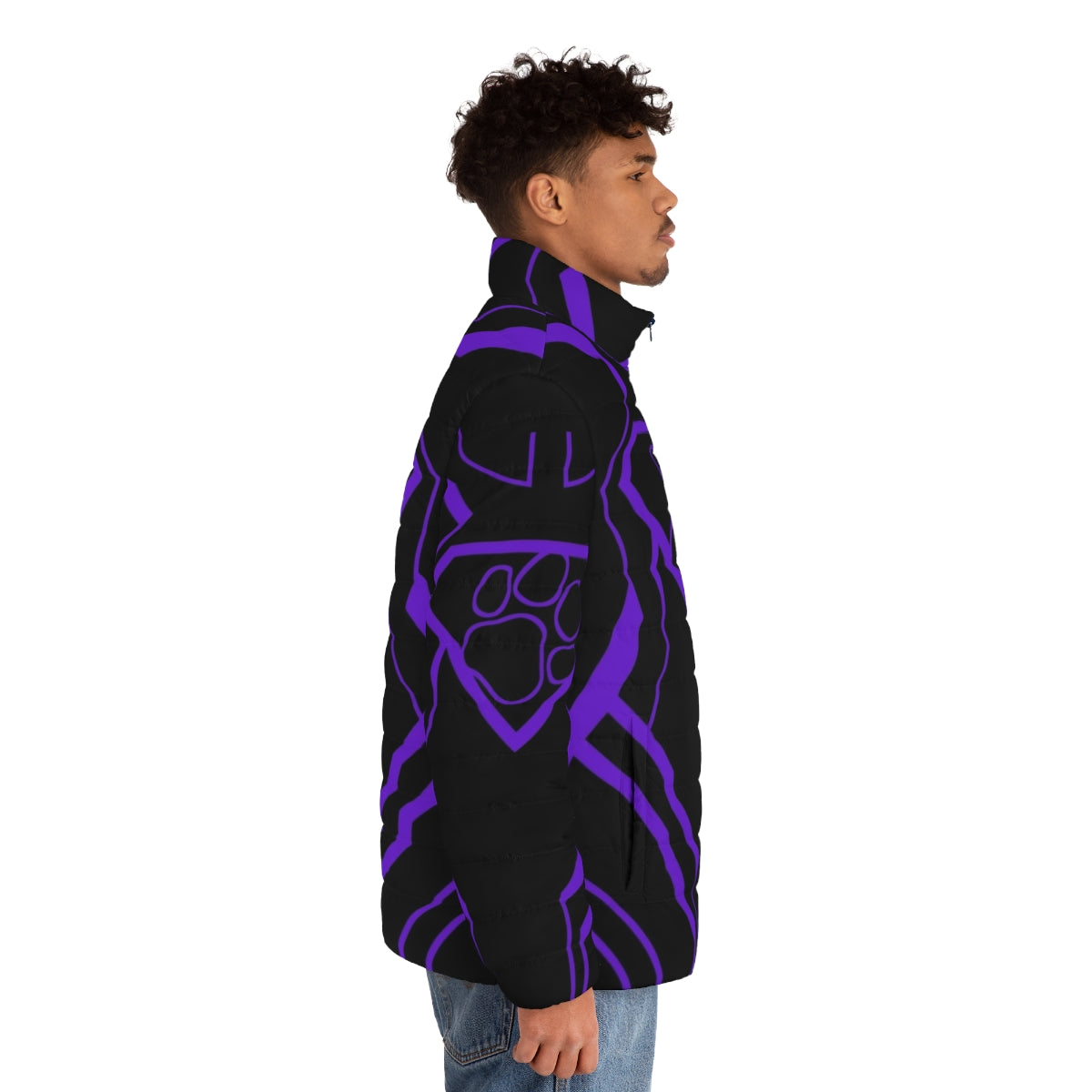 Superpup Purple Puffer Jacket with LGBTQ+ and puppy play inspired design - men side right