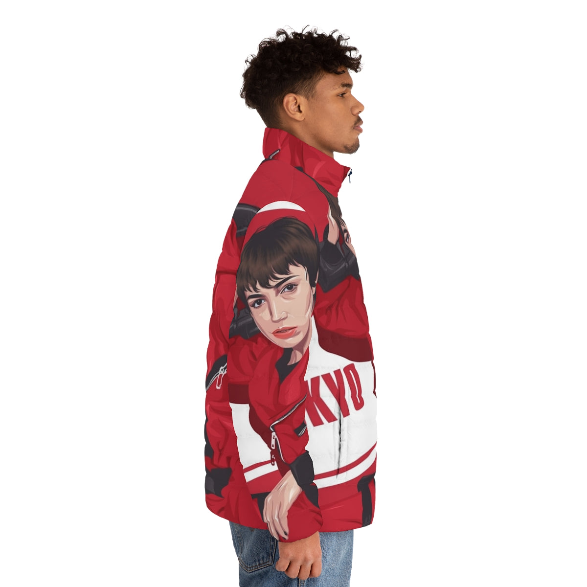 Tokyo puffer jacket with Money Heist anime-style design - men side right