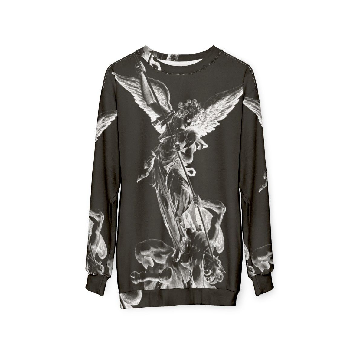 Archangel Michael defeating the devil on a religious sweatshirt - hanging