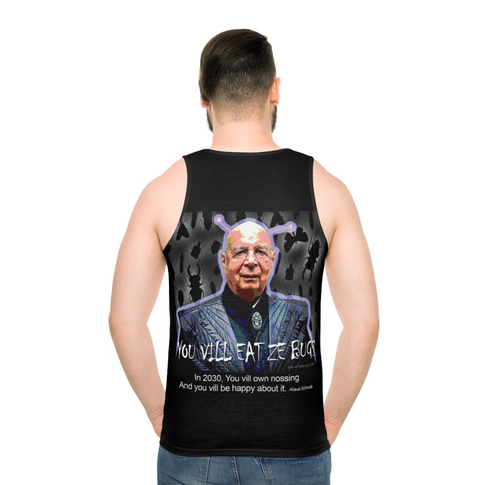 Unisex tank top with "You Will Eat the Bugs" message - men back