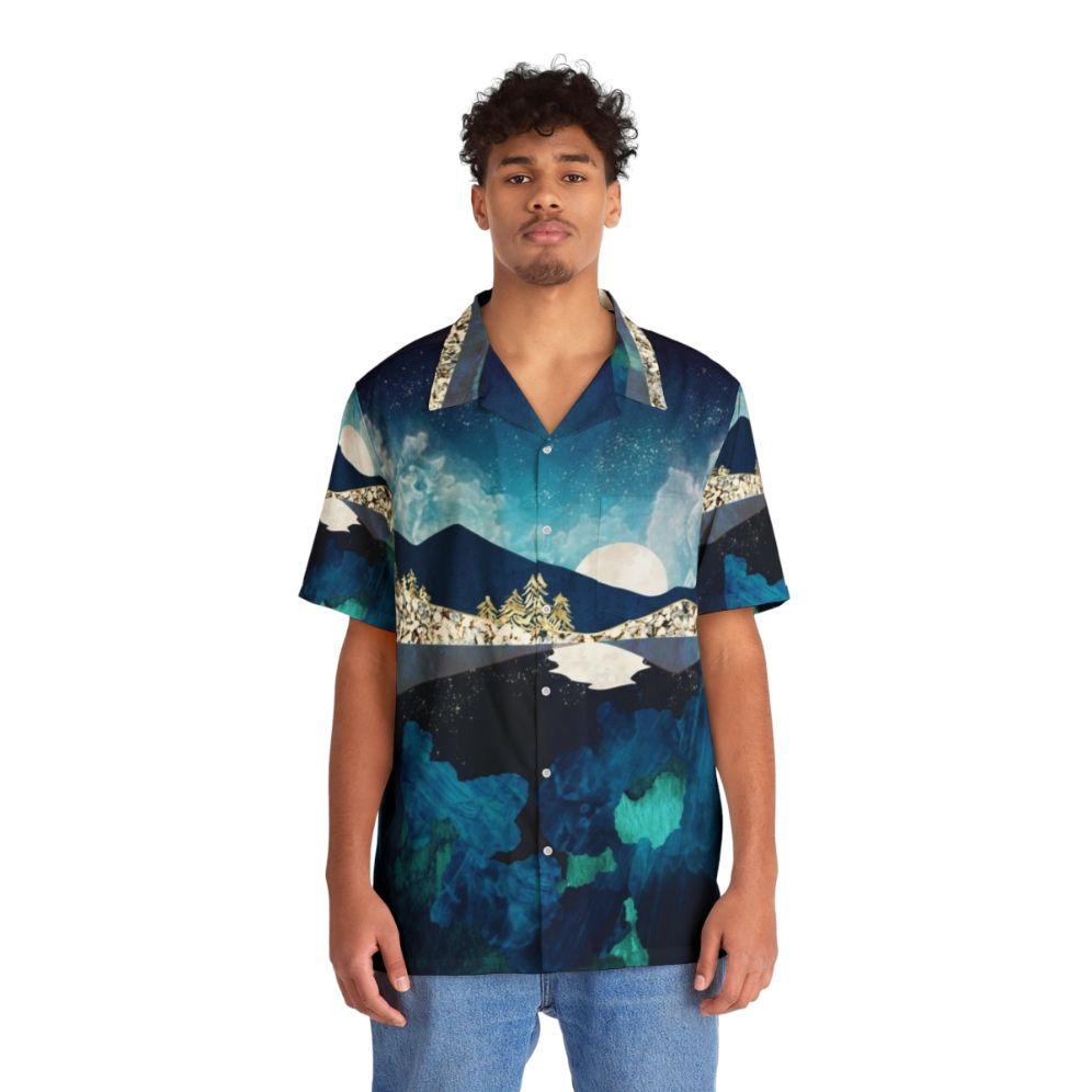 Midnight Water Hawaiian Shirt with Celestial Landscape Nature Reflection - People Front