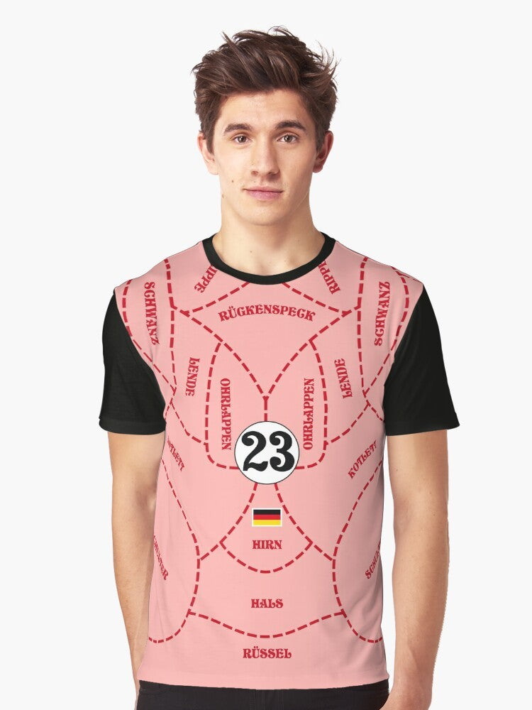 Porsche 917 racing car graphic design t-shirt featuring a vintage inspired livery with a pink pig motif - Men