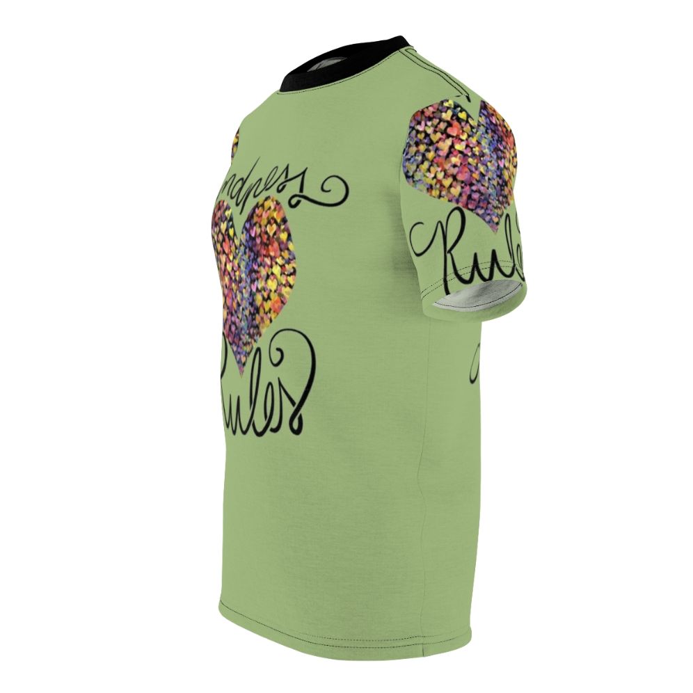 Colorful all-over-print t-shirt with the message "Kindness Rules" - men left