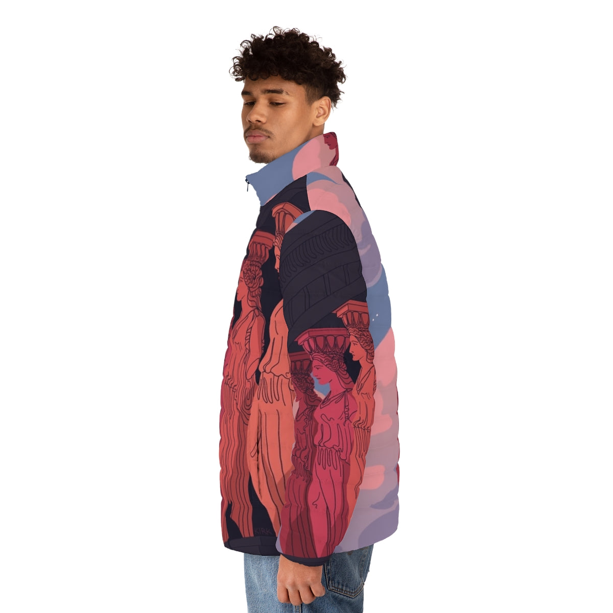 A puffer jacket featuring a stunning landscape photography of the caryatids at an ancient Greek archaeological site. - men side left