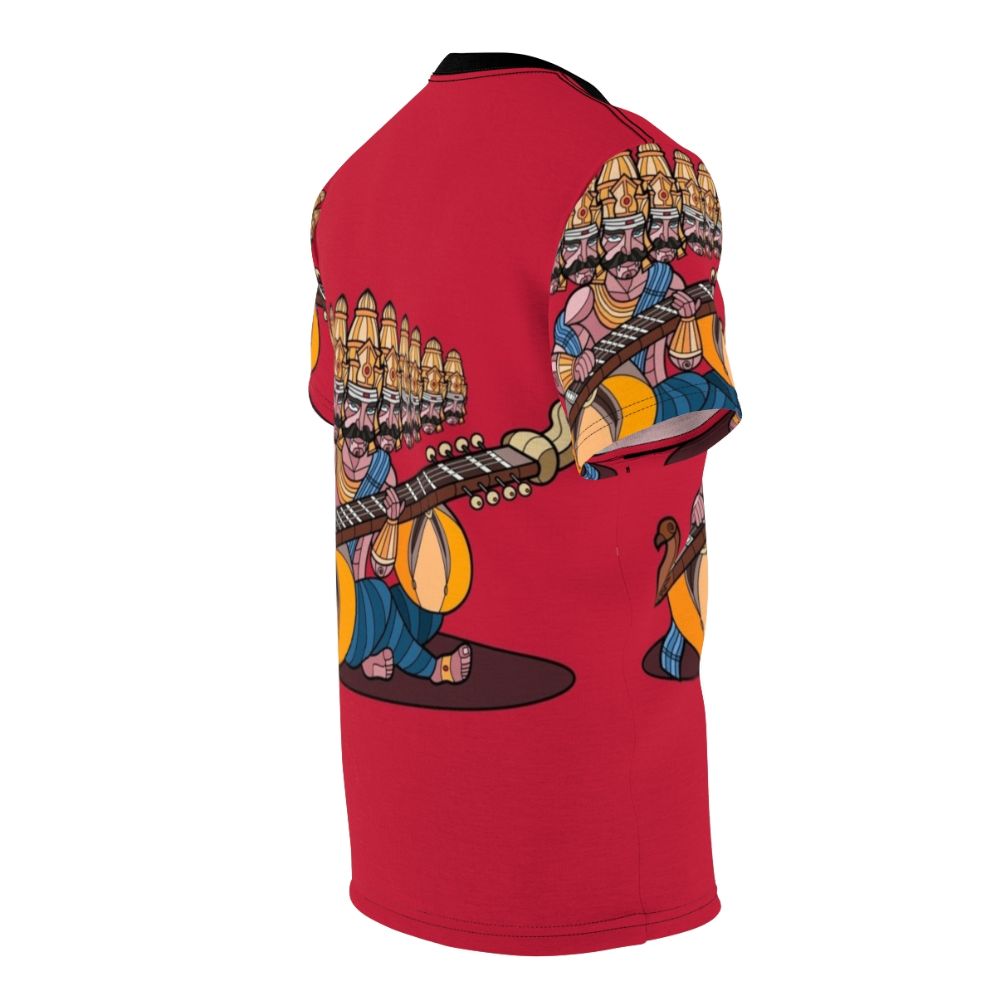 Ravana, the legendary demon king from Hindu mythology, depicted playing the veena, a traditional Indian musical instrument, on an all-over-print t-shirt. - men right