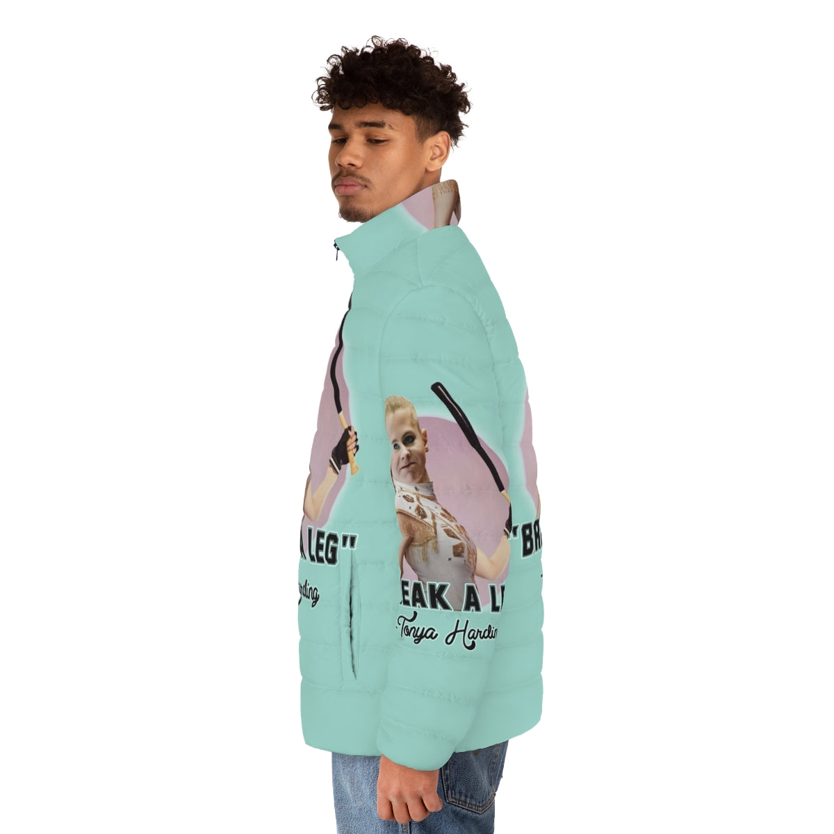 Tonya Harding Puffer Jacket featuring quirky and humorous pop culture art - men side left