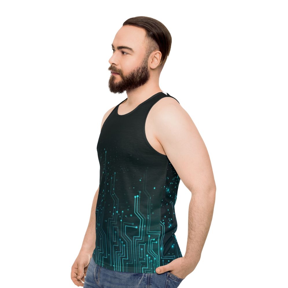 Unisex tank top with a vibrant circuit board pattern design - men side