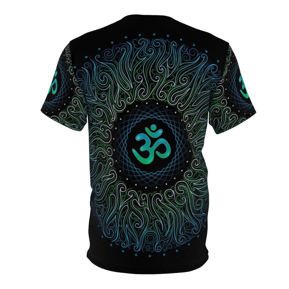 Psychedelic yoga Om mandala design on a black t-shirt with floral patterns and sacred geometry elements. - Back