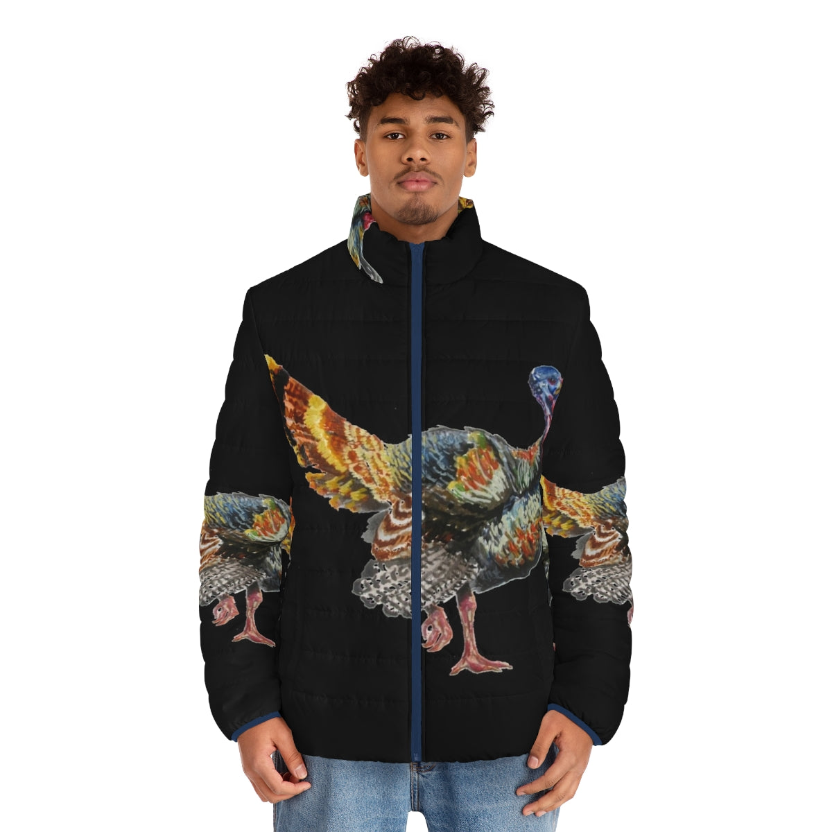 Watercolor turkey puffer jacket featuring realistic turkey feather design - men front