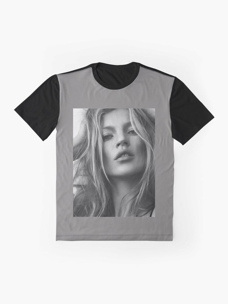 Kate Moss supermodel portrait in black and white graphic t-shirt design - Flat lay