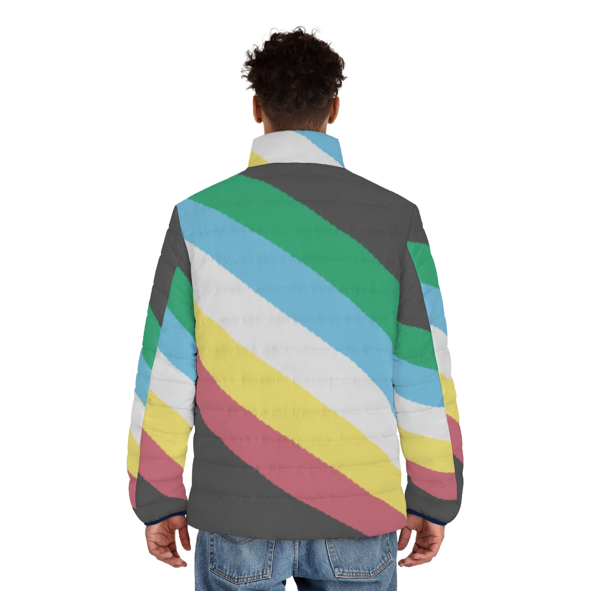 Disability Pride Flag Puffer Jacket with bold, colorful disability pride flag design - men back