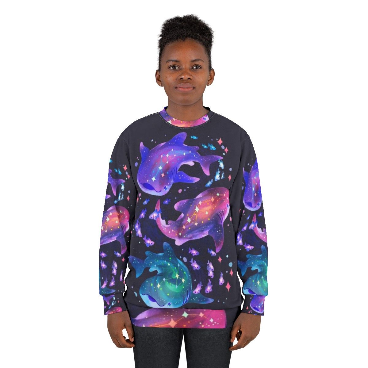 Cosmic whale shark graphic printed on a purple sweatshirt - women