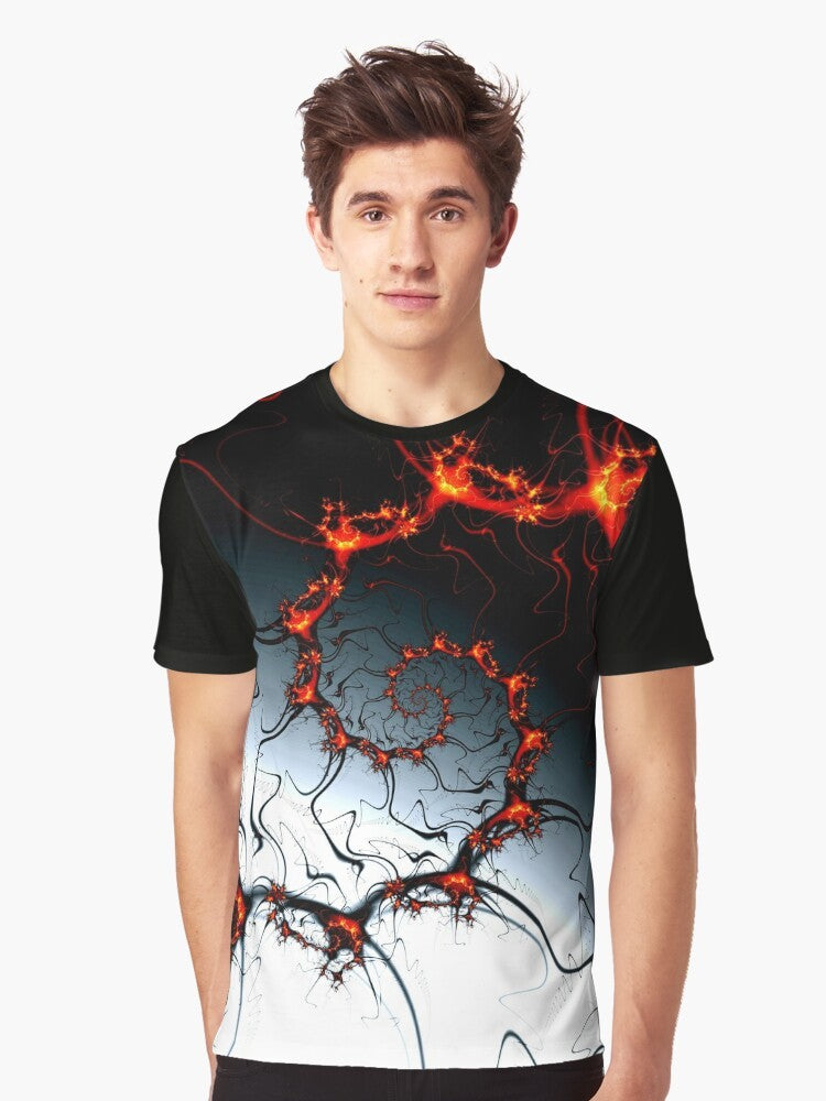 Burning Fractal Graphic T-Shirt with Spiral and Fibonacci Design - Men