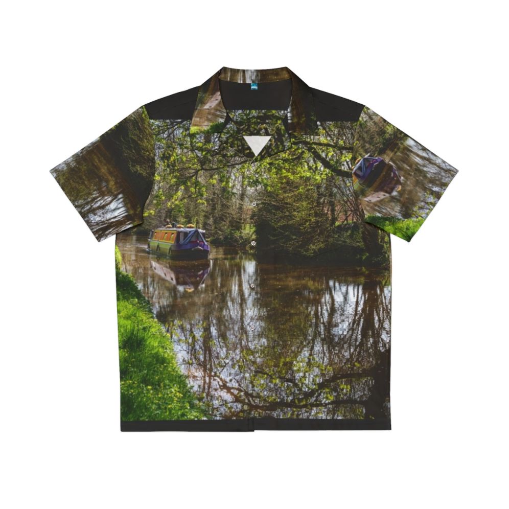 Hawaiian shirt with canal barge and reflections on waterway