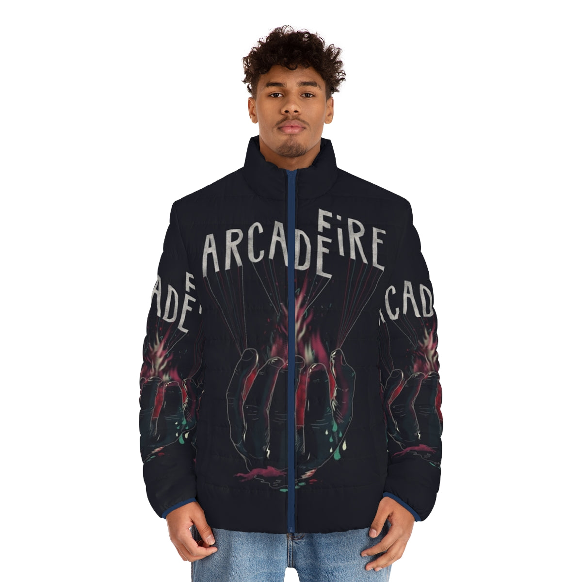 Arcade Fire Hand Puffer Jacket featuring alternative and indie design - men front