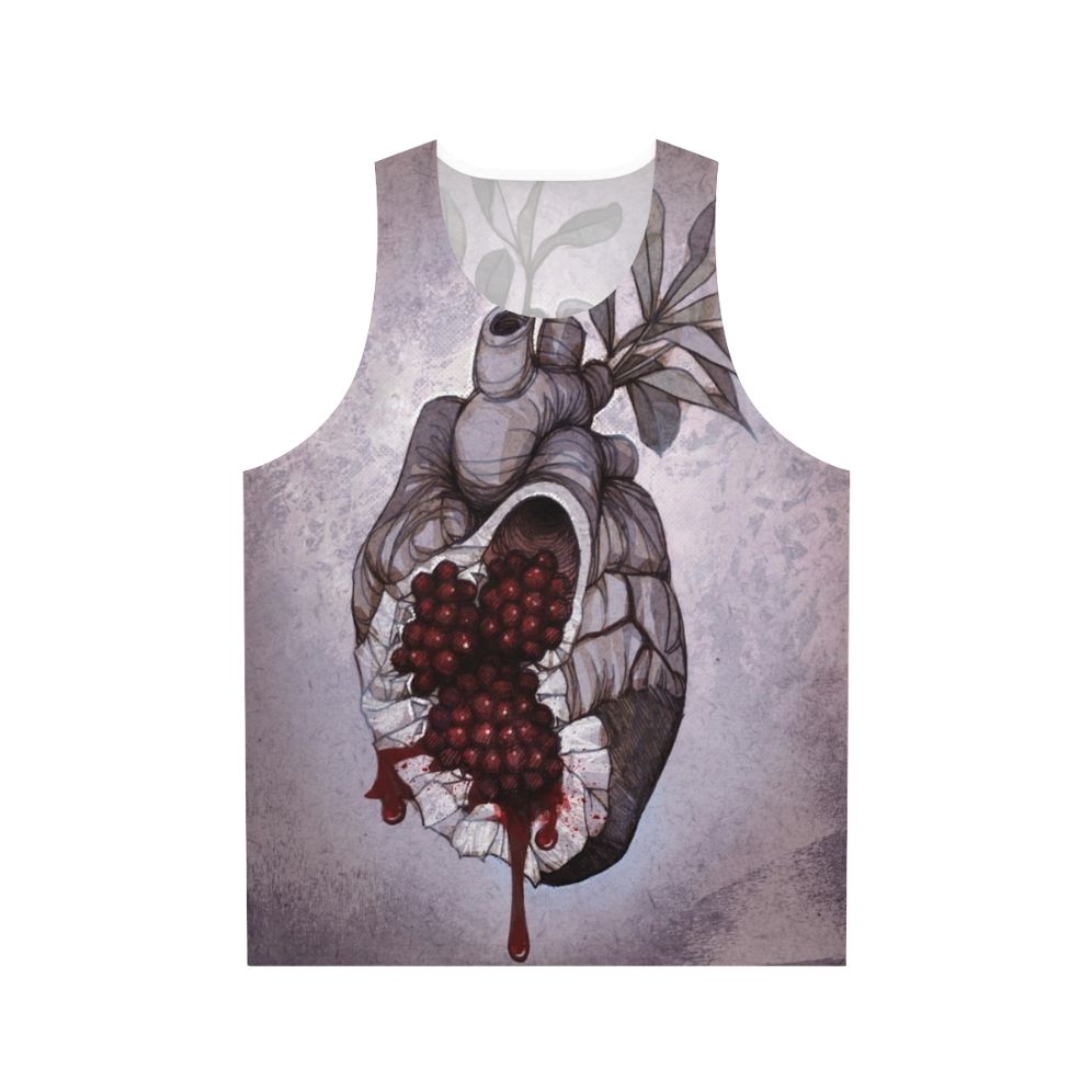 Unisex tank top featuring an anatomical heart design with pomegranate elements based on the Greek mythology of Hades and Persephone