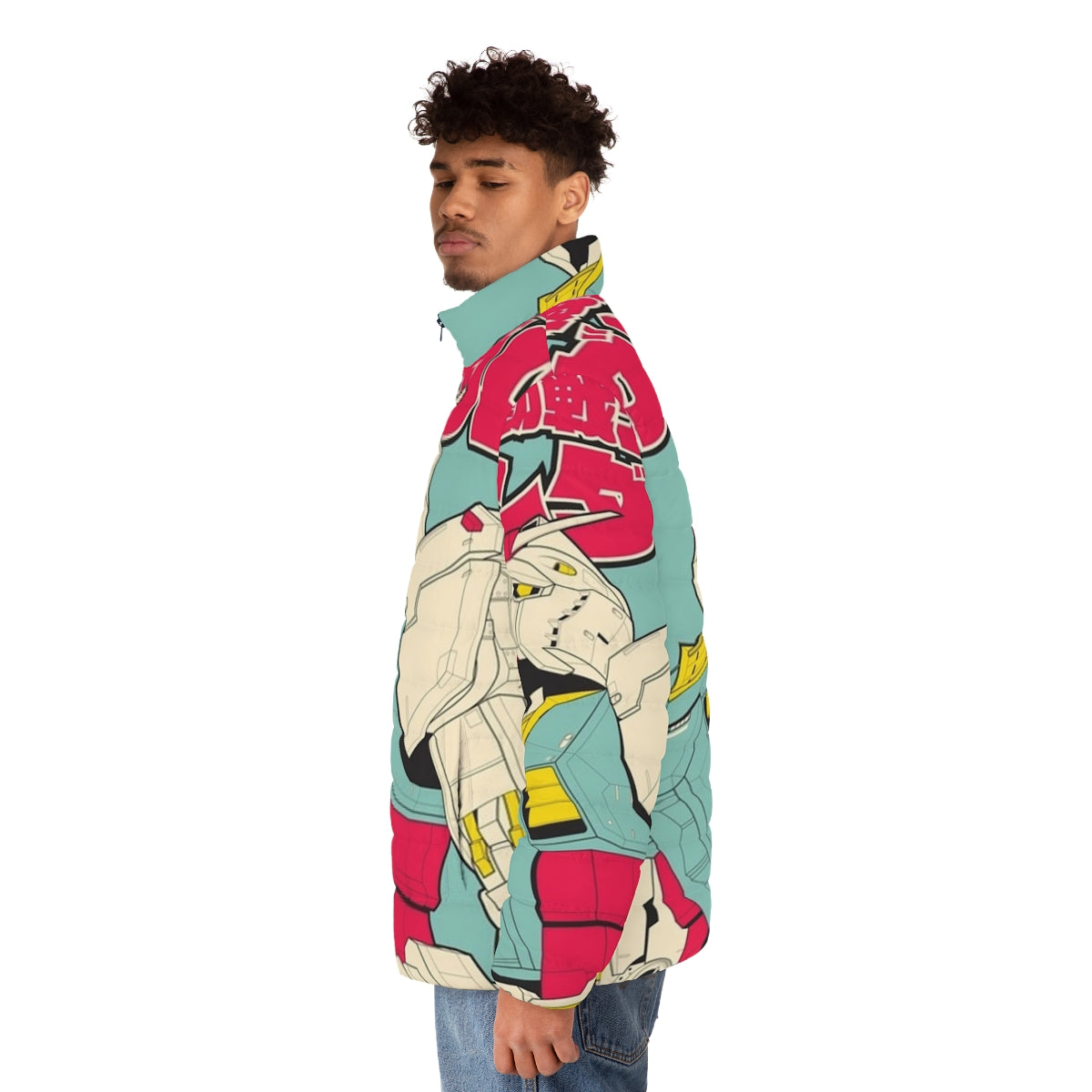 Gundam-Inspired Puffer Jacket, Anime-Style Mecha Fashion - men side left