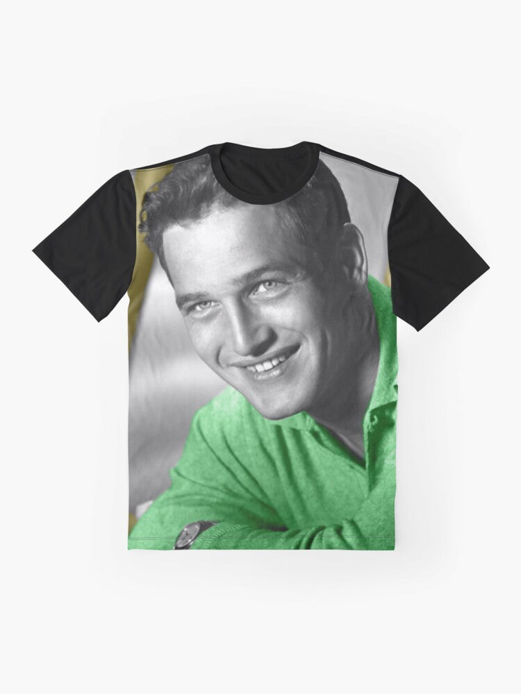 Vintage graphic t-shirt featuring a black and white photo of actor Paul Newman wearing a green jersey - Flat lay