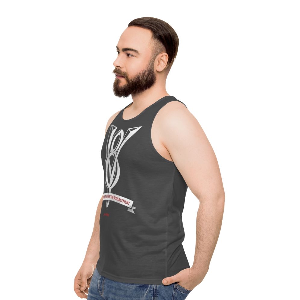 Unisex tank top with "No Replacement For Displacement" design - men side