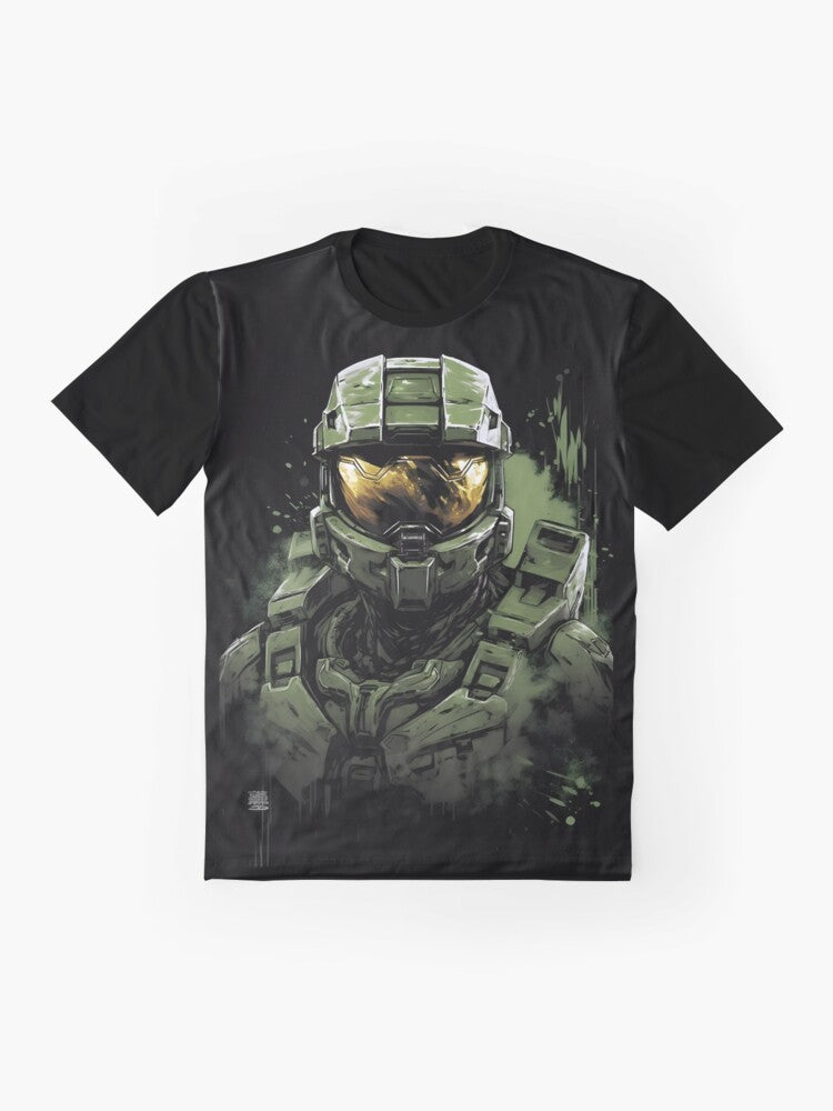 Master Chief character from the Halo video game franchise wearing abstract gaming art design - Flat lay