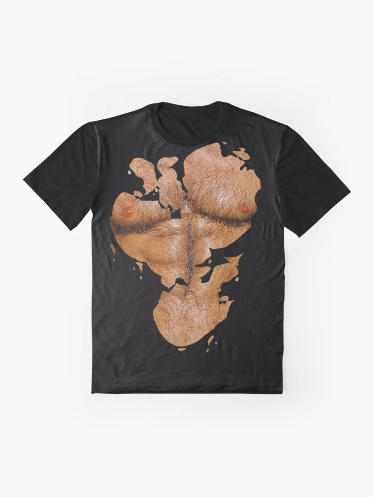 Muscular shirtless man with hairy chest and torn shirt graphic t-shirt - Flat lay