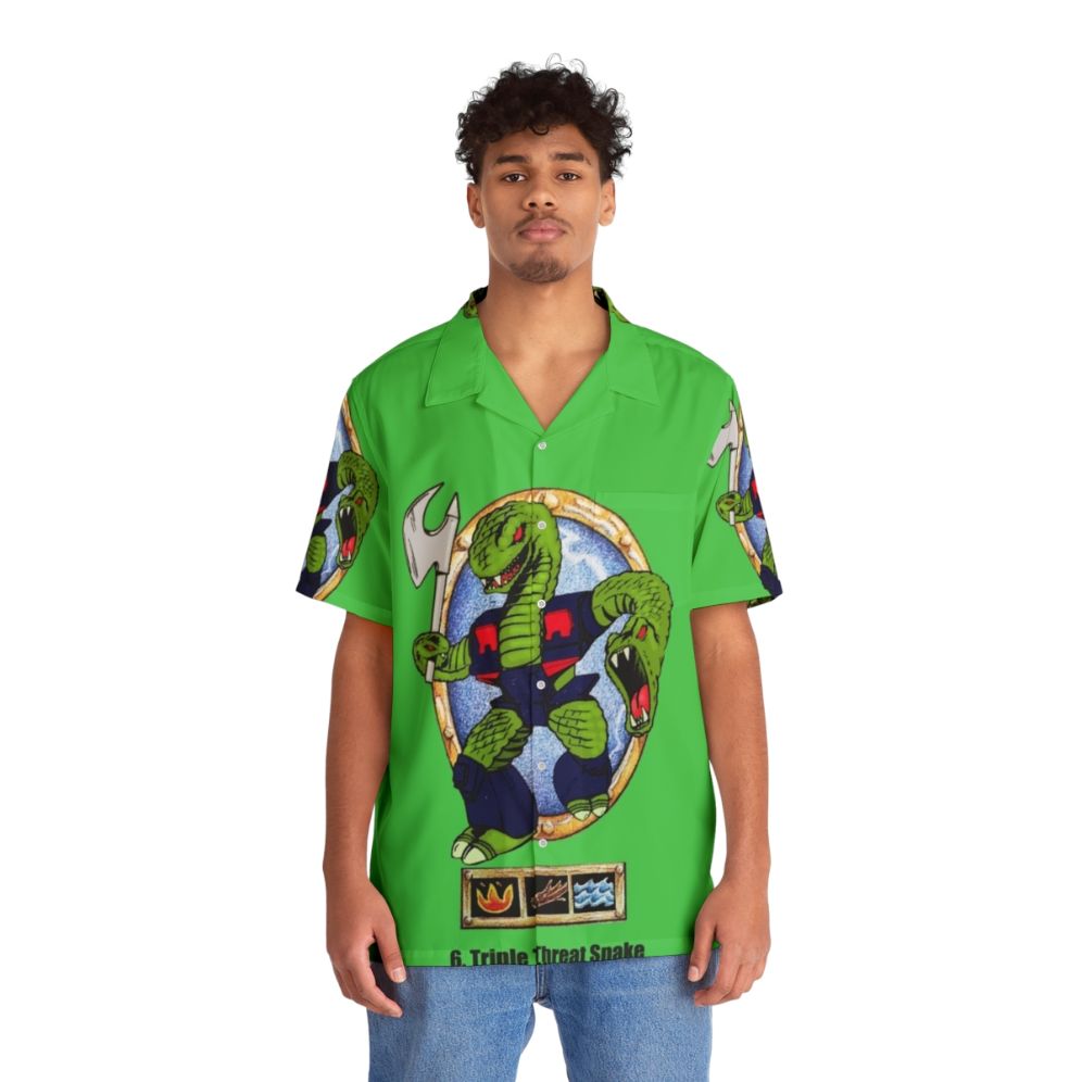 Battle Beasts 6 Triple Threat Snake Hawaiian Shirt with 80s toy characters - People Front