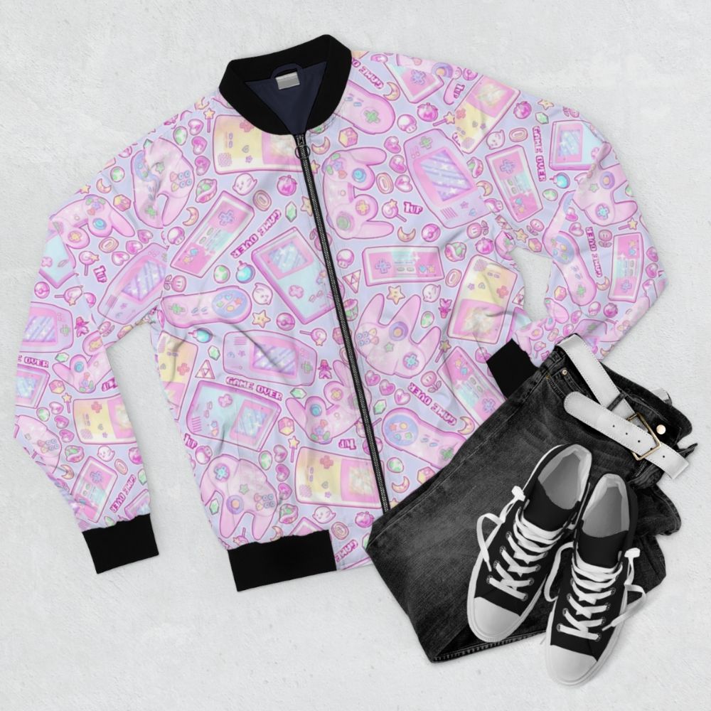 Pastel-colored bomber jacket with Nintendo, Zelda, Kirby, and Super Mario graphics and patterns - Flat lay