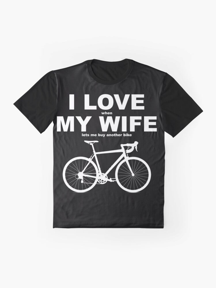 Funny graphic t-shirt with text "I LOVE MY WIFE*" and biking/cycling icons - Flat lay