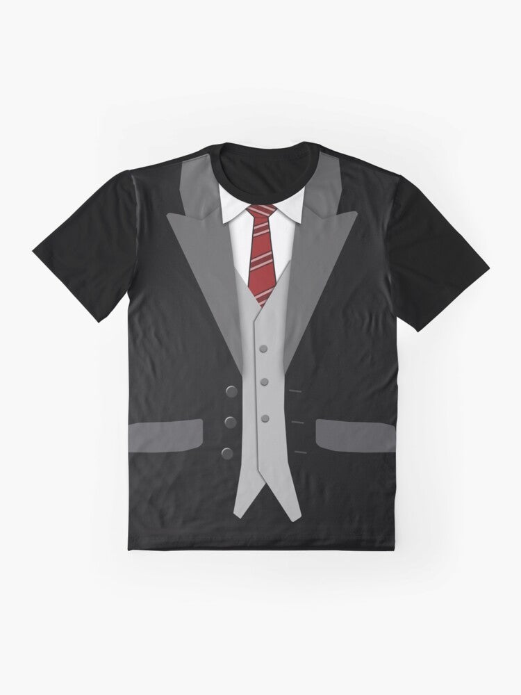 Black suit and red tie graphic t-shirt for formal occasions - Flat lay