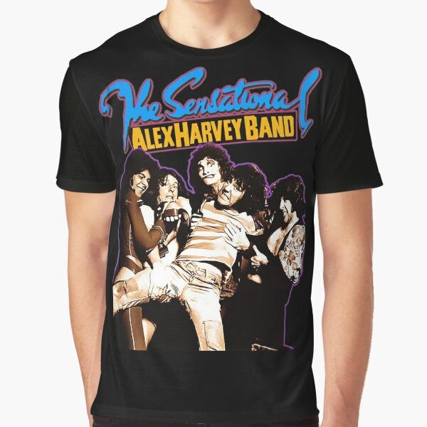 The Sensational Alex Harvey Band cat graphic t-shirt with Scottish band logo and cat illustration