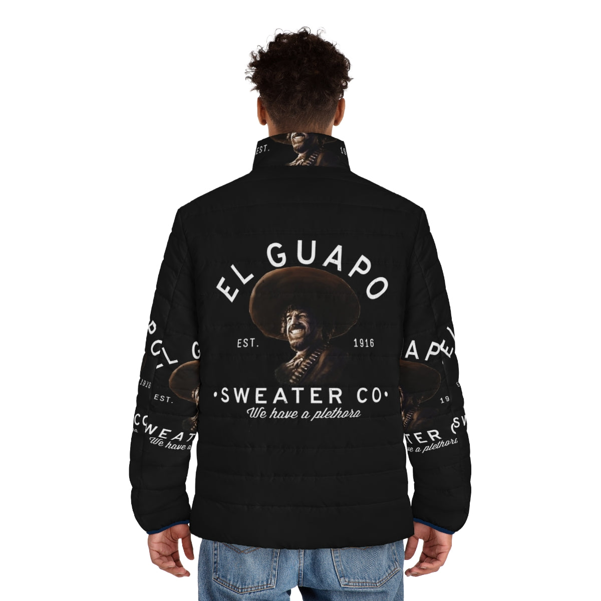 Retro El Guapo Sweater Co puffer jacket with Three Amigos inspired design - men back