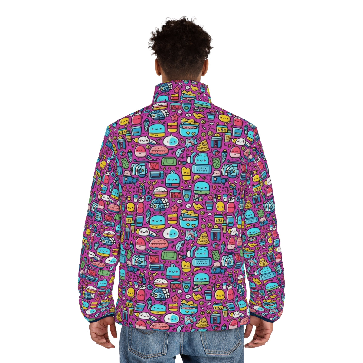 Hobbies cartoon puffer jacket with colorful zoo animal and fruit print - men back