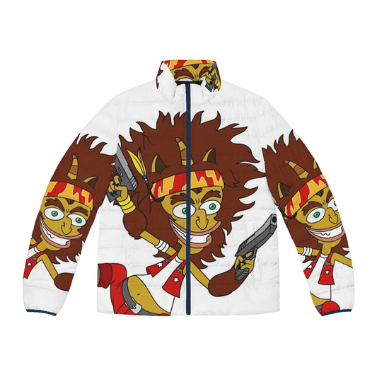 Big Mouth Maury Puffer Jacket with gun and weapon graphics