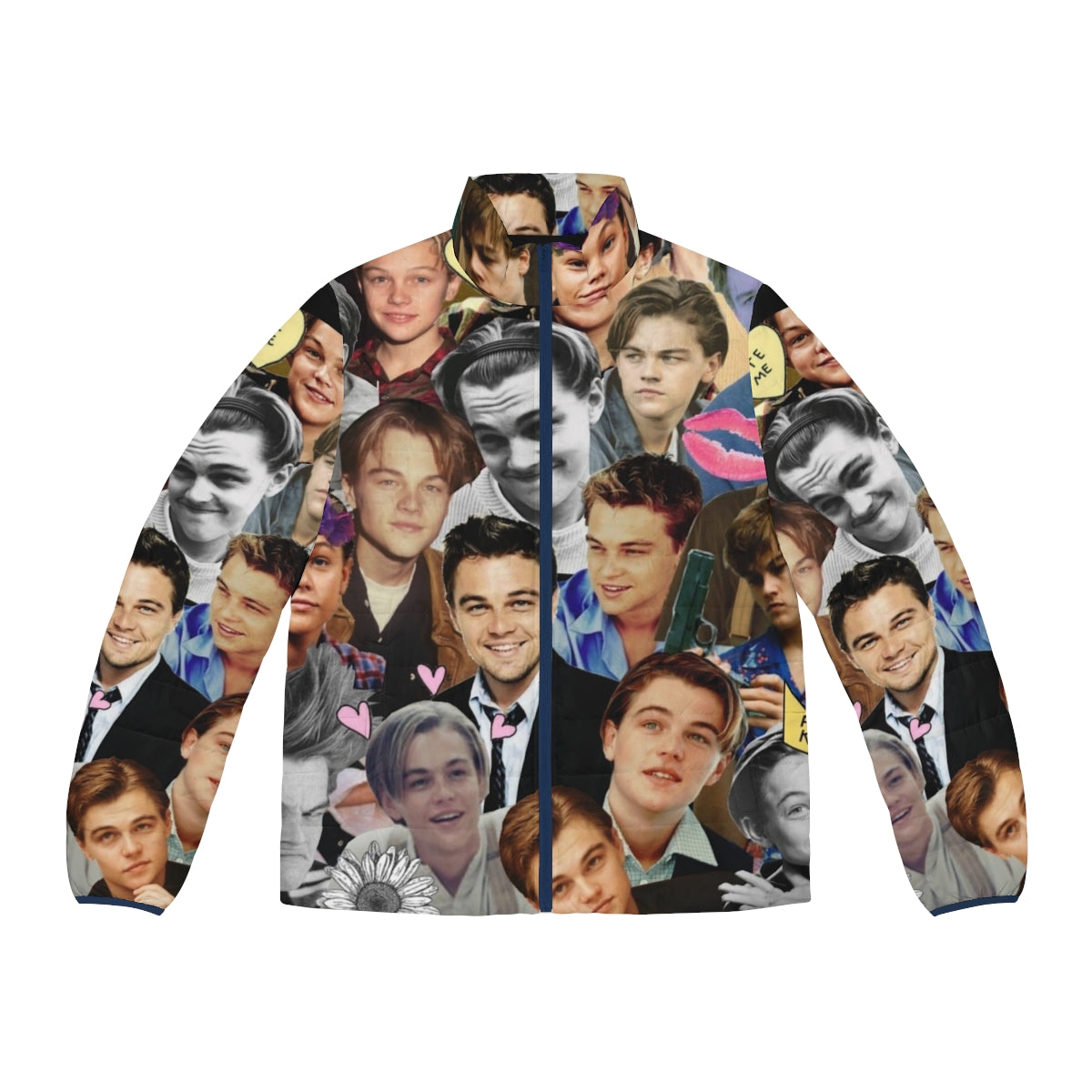 Leonardo DiCaprio collage print on a puffer jacket, featuring the actor in various movie scenes and poses.