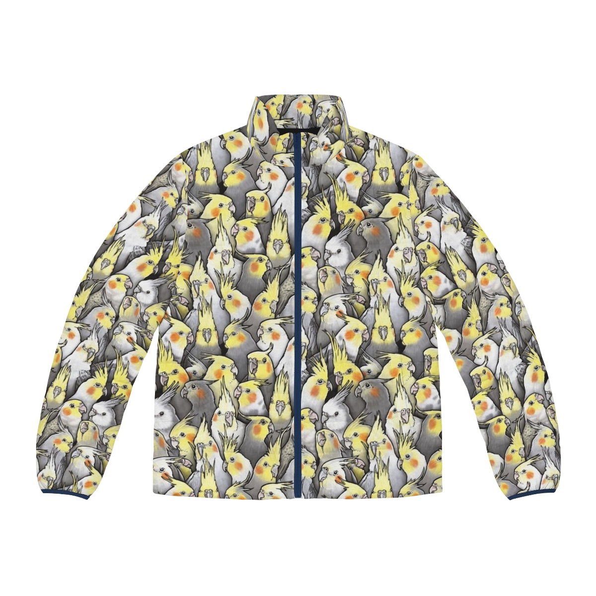 Cockatiel puffer jacket with a cute bird pattern design