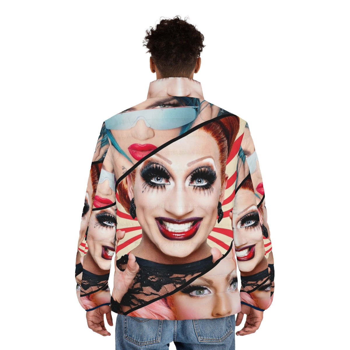 Vibrant puffer jacket featuring RuPaul's Drag Race season 6 queens - men back