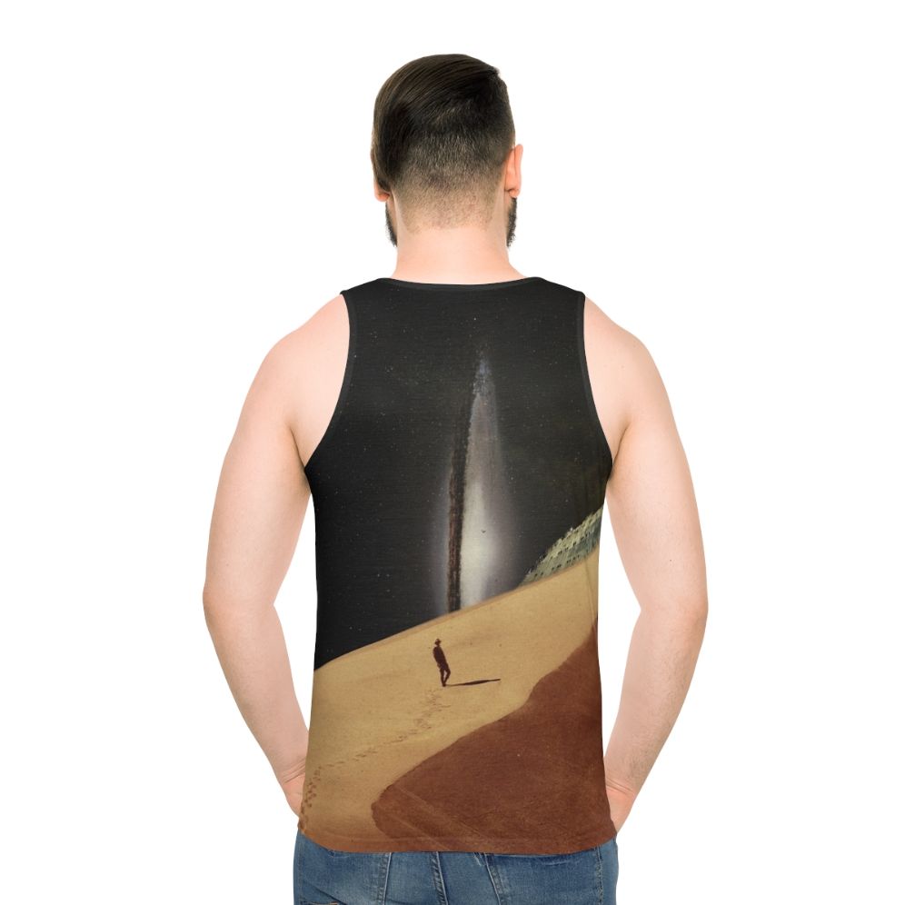 Retro collage design tank top depicting a dreamy desert landscape with stars and space elements - men back