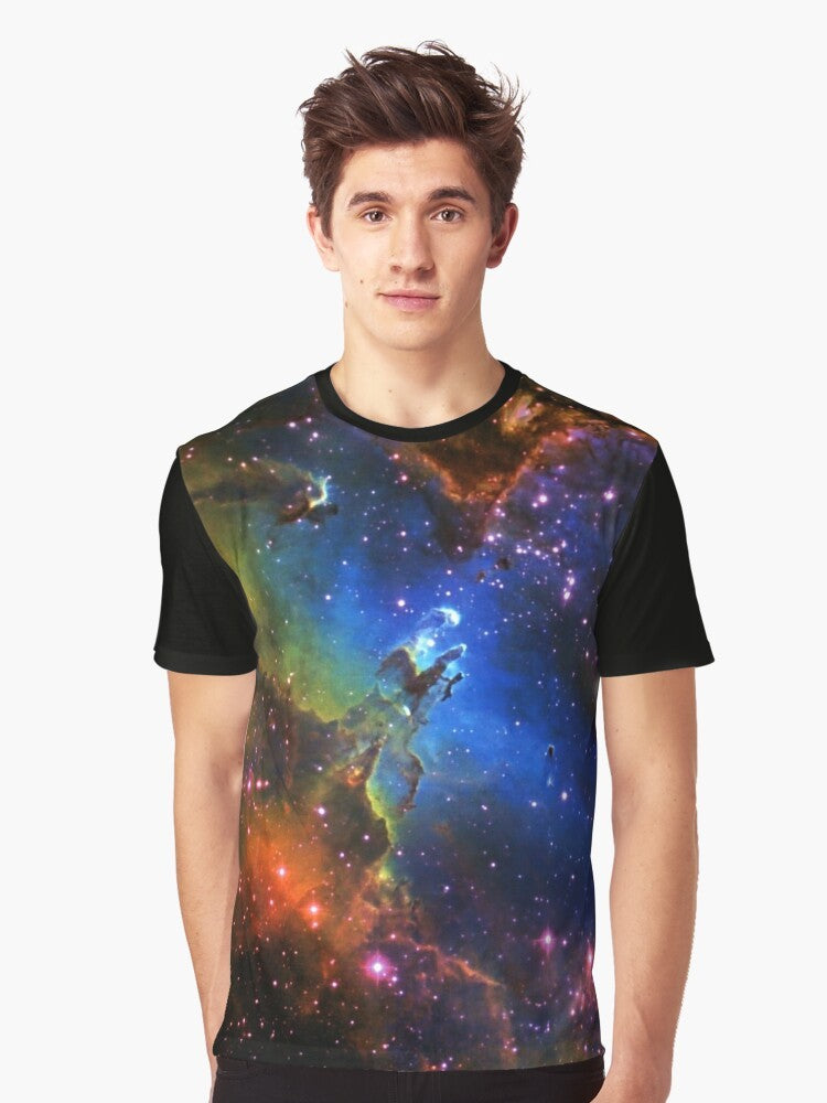 Graphic t-shirt with a stylized eagle design against a galaxy and nebula background - Men