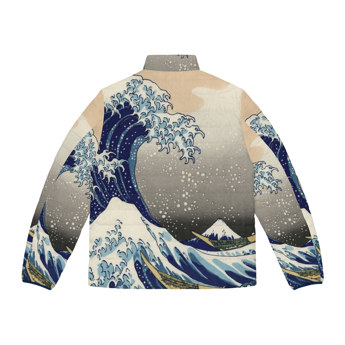 Person wearing a black puffer jacket with the famous 'Great Wave off Kanagawa' design by Hokusai - Back