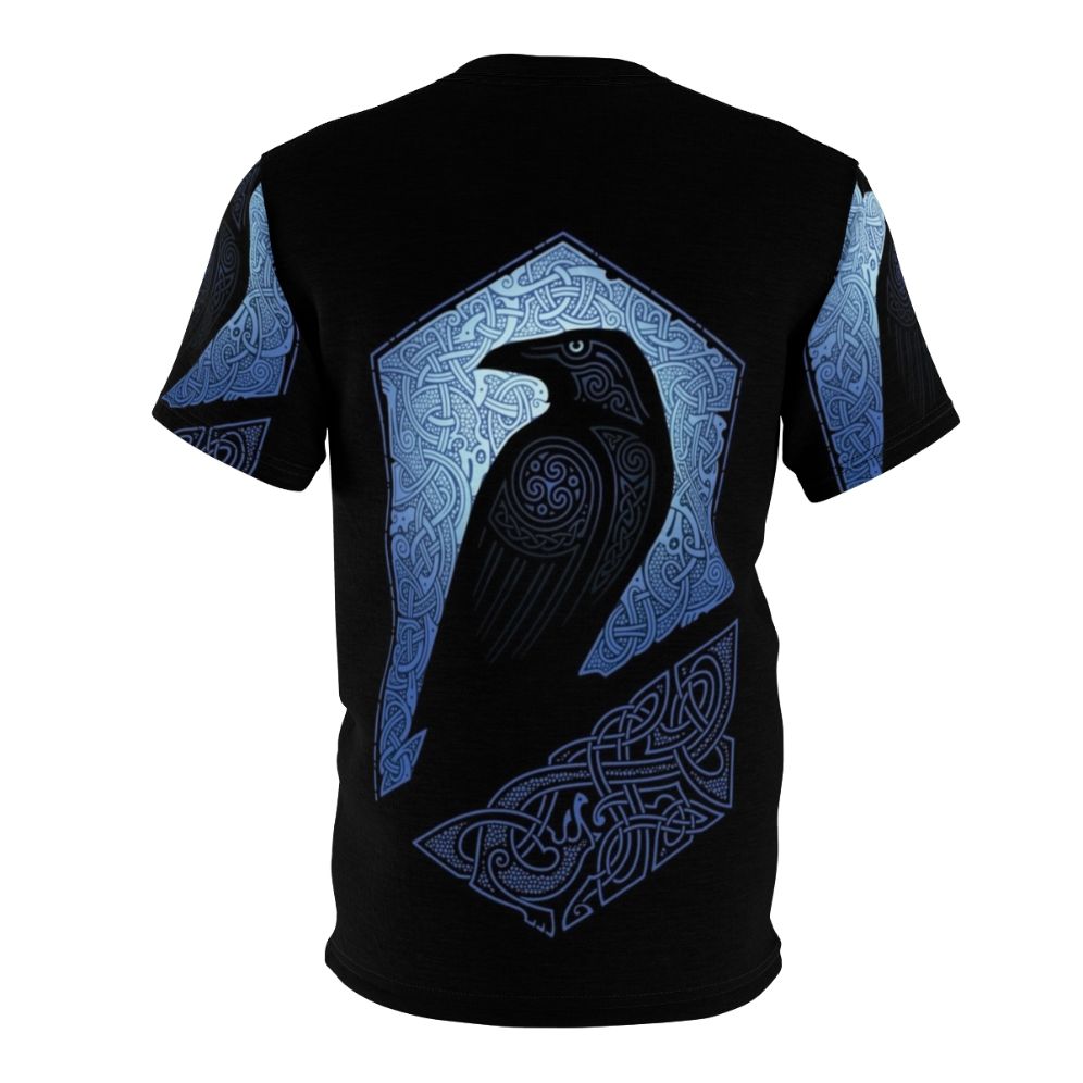 Mystical guardian raven silhouette design on a blue t-shirt - Back