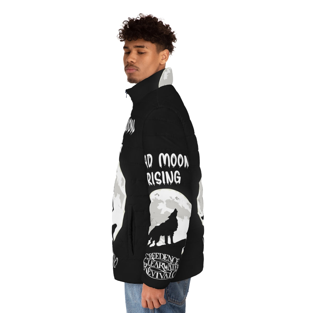 Creedance Clearwater Revival "Bad Moon Rising" puffer jacket with vintage music and fashion design - men side left