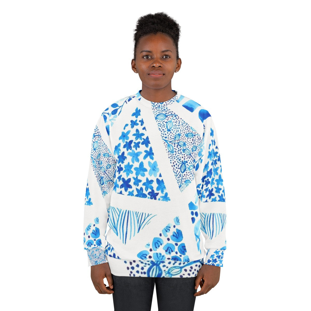 Blue abstract pattern sweatshirt with nature-inspired design - women