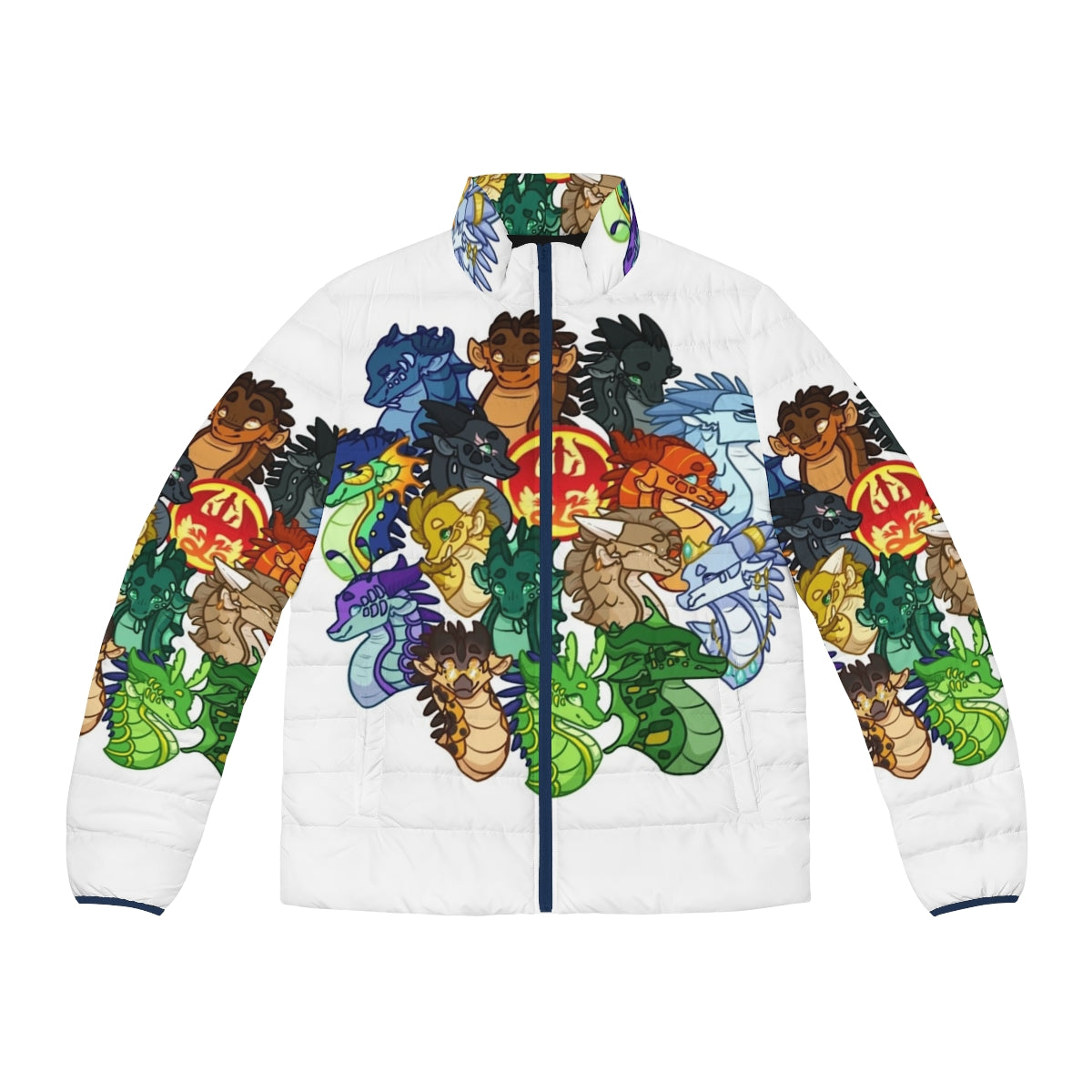 Wings of Fire Puffer Jacket featuring dragons and characters from the fantasy book series